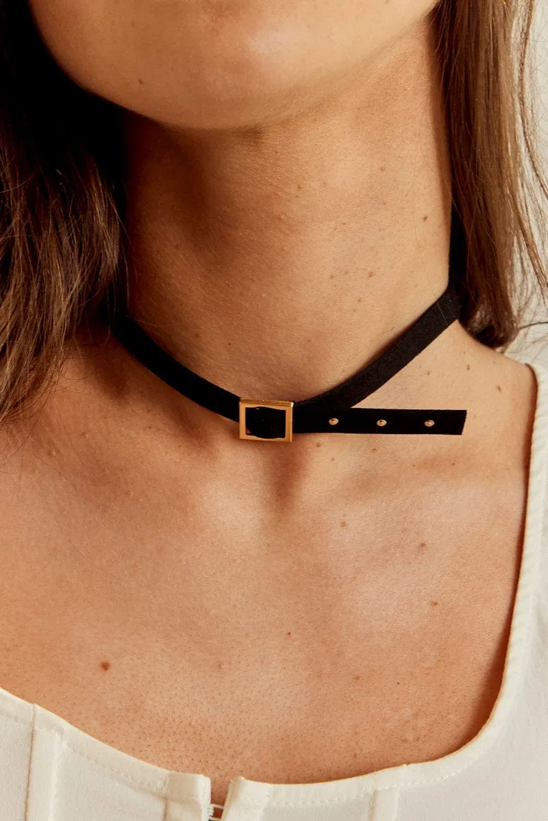 Black Buckle Detail Faux Leather Choker Necklace
