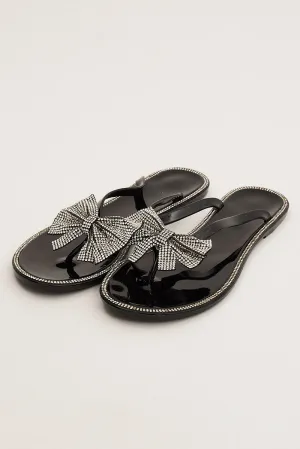 Black Rhinestone and Bow Decor Slippers