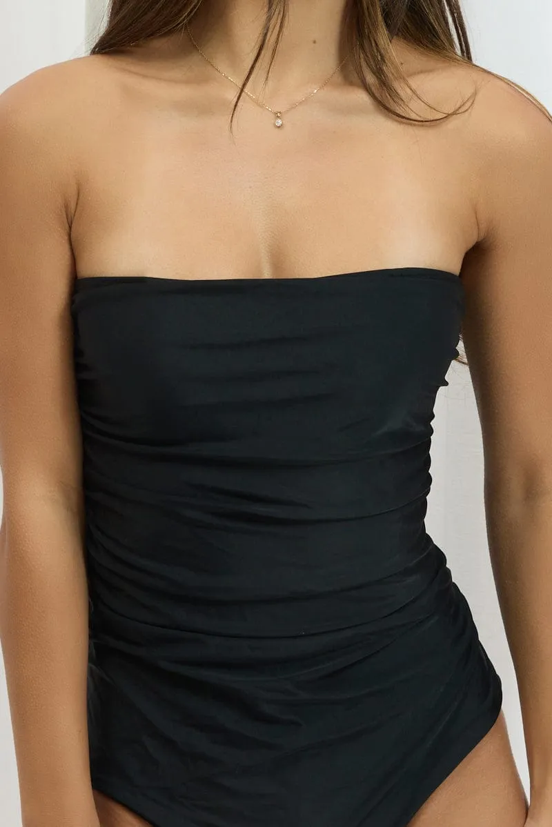 Black Ruched Detail Bandeau One Piece Swimsuit