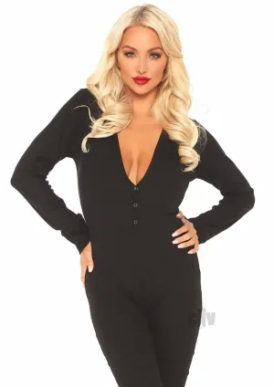 Cozy Brushed Rib Long Johns With Cheeky Snap Closure Back Flap. Black Med/lge