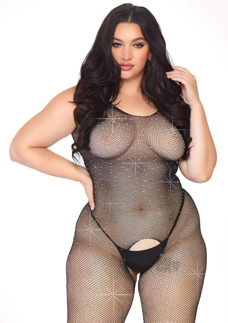 Crystalized Fishnet Tank Bodystocking - Black -  1x/ 2x