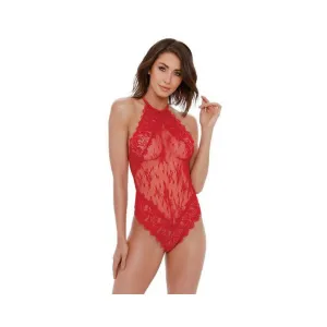 Dreamgirl Eyelash Lace Halter Teddy With High Tie-neck Closure & Snap Crotch Red Small Hanging