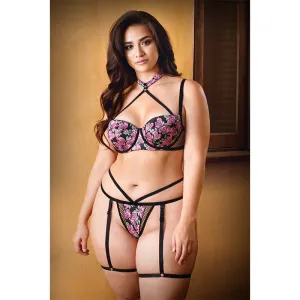 Fantasy Lingerie Curve Antoinette Harness Bra & Matching Caged Panty With Detachable Leg Harness Pink/Black XL/2XL