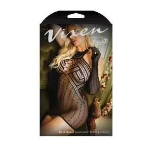 Fantasy Lingerie Vixen It's A Mood Geometric Halter Dress & Matching Gloves Black L/XL