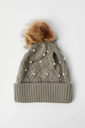 Grey Faux Fur Pom Pom Beanie