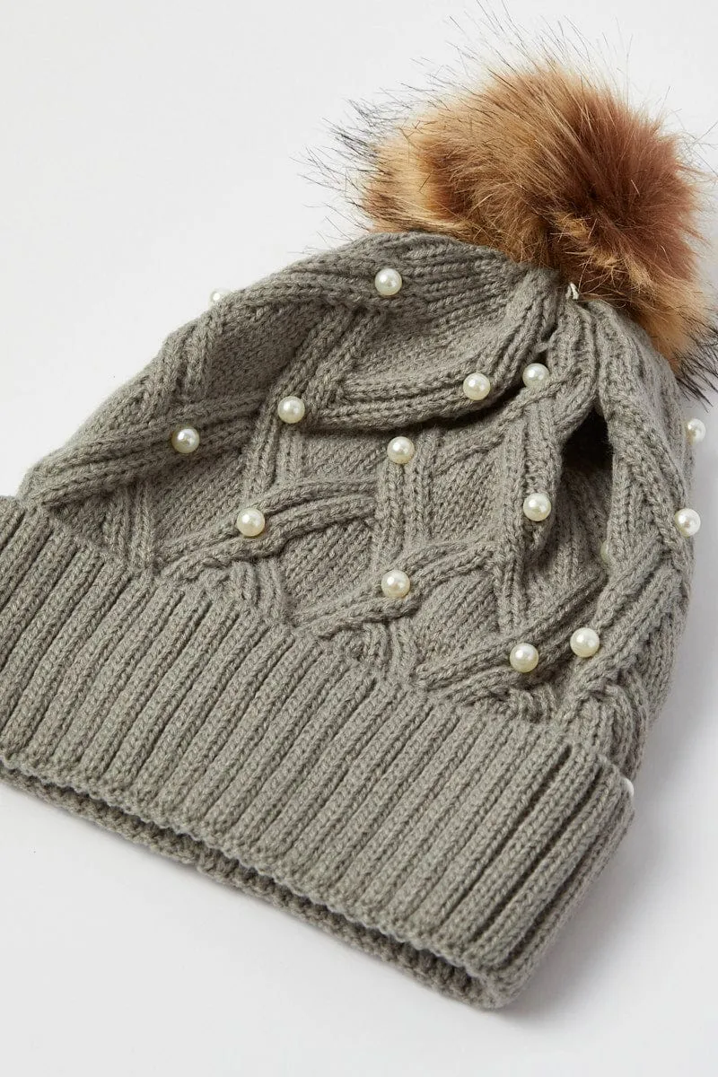 Grey Faux Fur Pom Pom Beanie