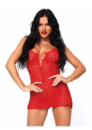 Lace Mini Dress and G-String - One Size - Red