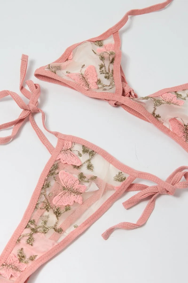 Pink Butterfly Embroidery Lingerie Set