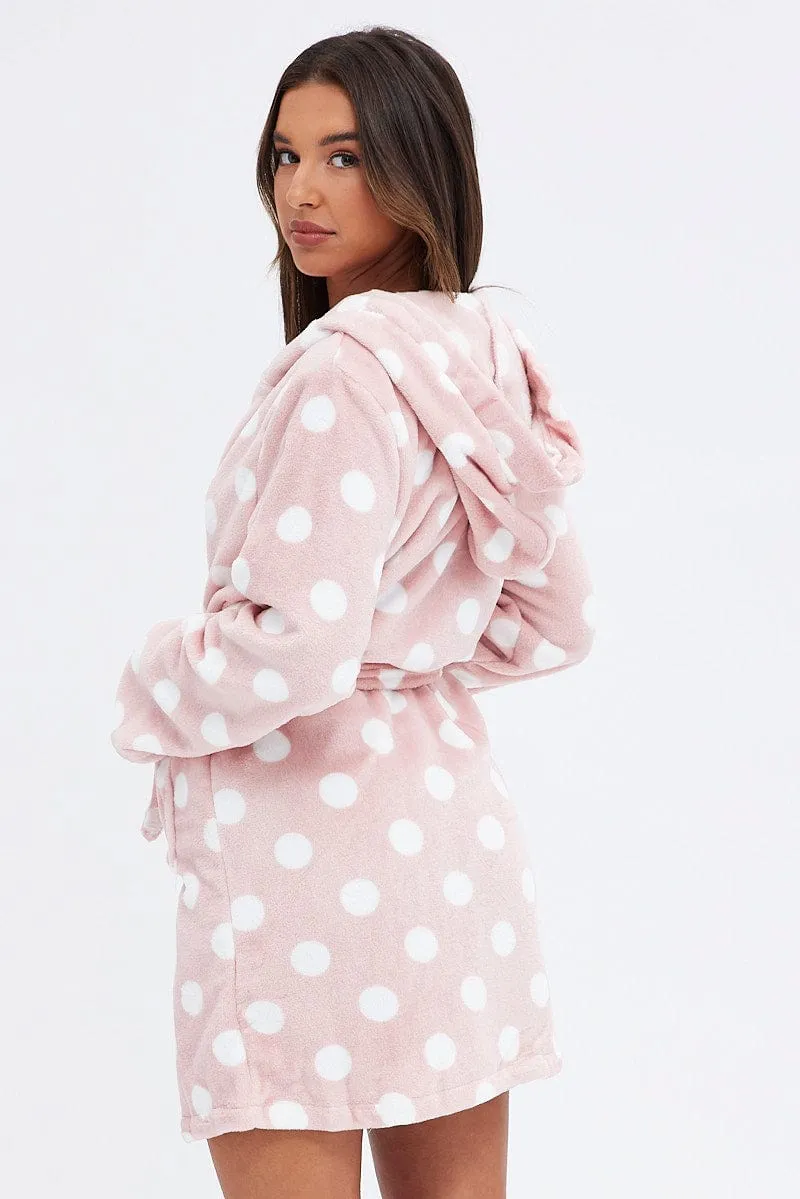 Pink Polka Dot Fleece Robe Dressing Gown PJ