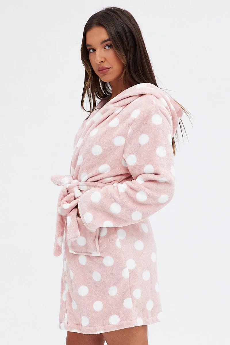 Pink Polka Dot Fleece Robe Dressing Gown PJ