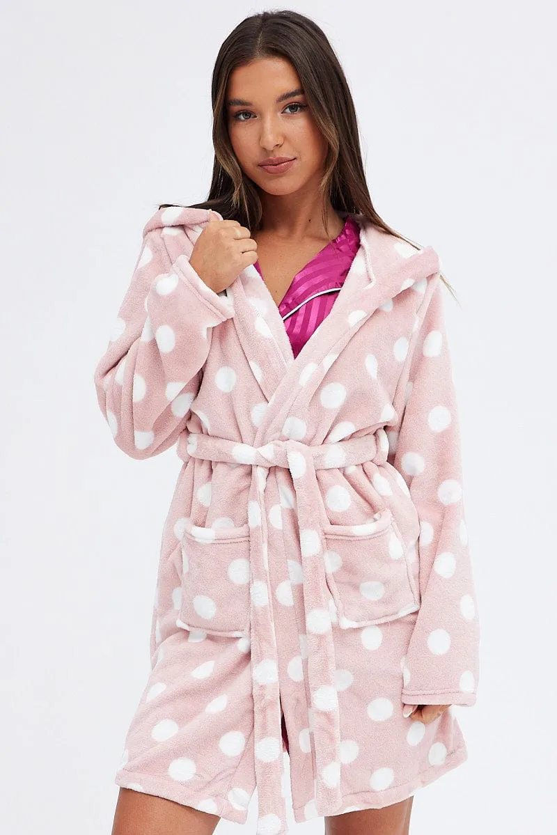 Pink Polka Dot Fleece Robe Dressing Gown PJ