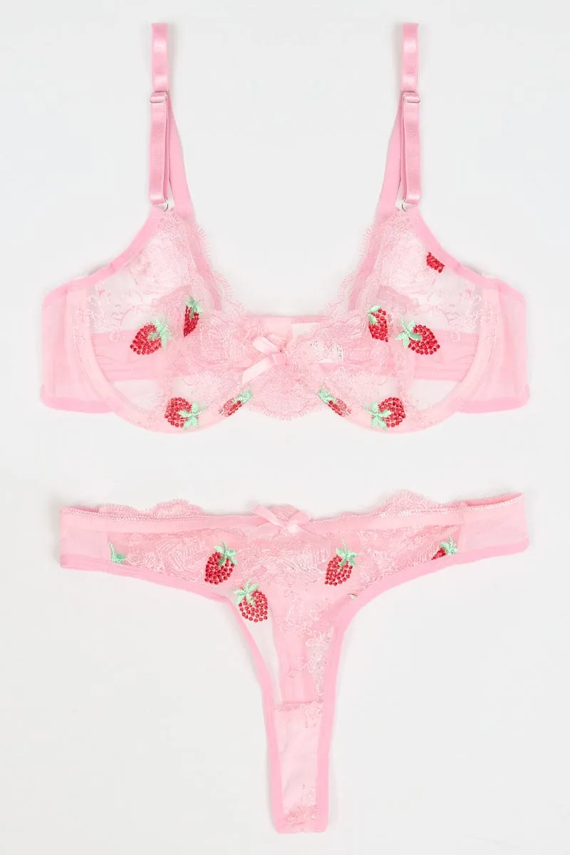 Pink Strawberry Embroidery Lingerie Set
