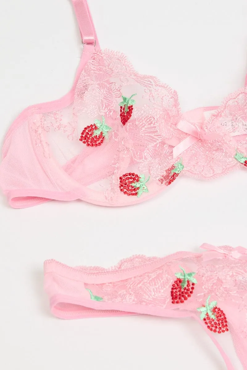 Pink Strawberry Embroidery Lingerie Set