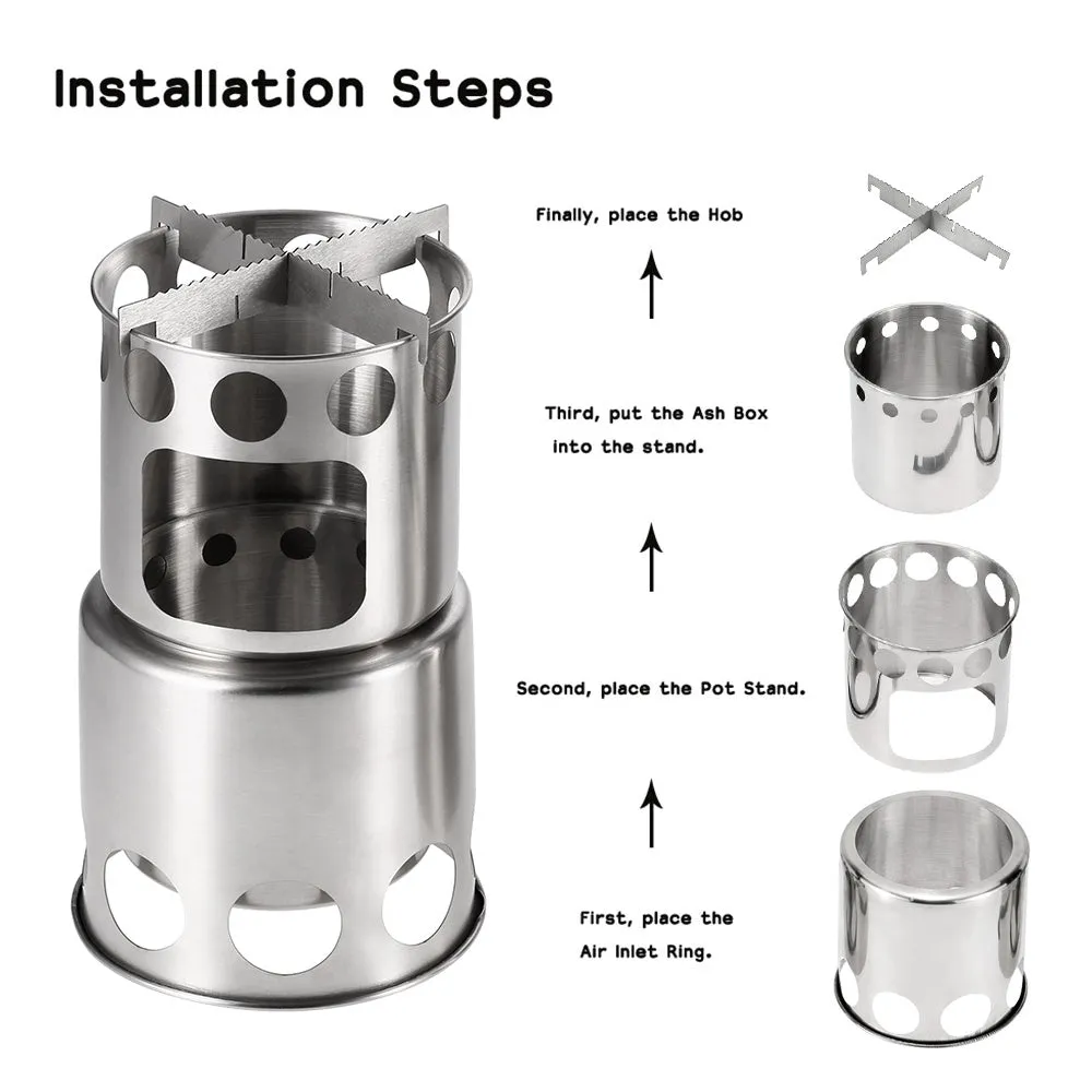 Portable Camping Stove Combo Wood Burning Stainless Steel Stove And Cooking Pot Set For Outdoor Backpacking Fishing Hiking