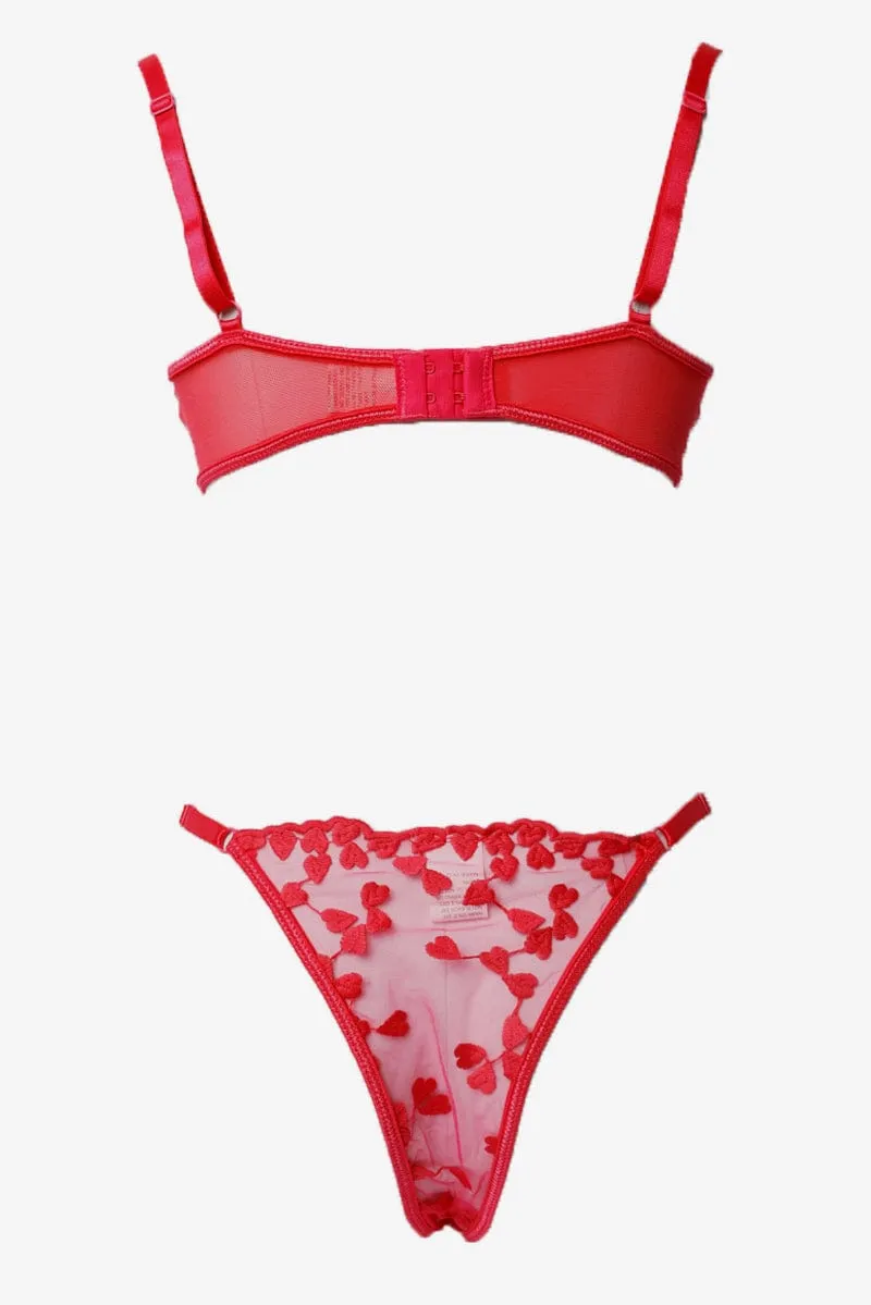 Red Heart Embroidery Lingerie Set