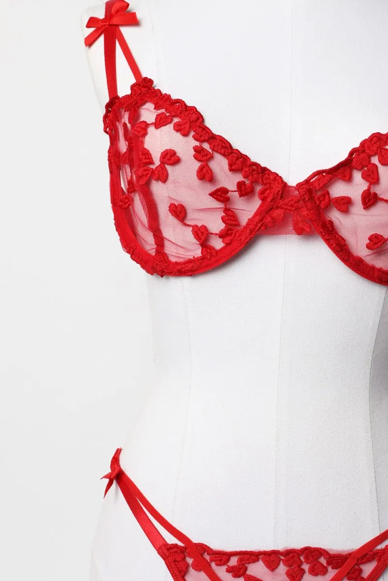 Red Heart Embroidery Lingerie Set