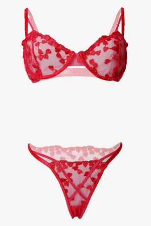 Red Heart Embroidery Lingerie Set