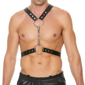 Shots Premium Leather Adjustable O-Ring Body Harness With Metal Bits Black