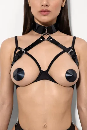 Victoria Lacquer Leather Bra Harness in Black