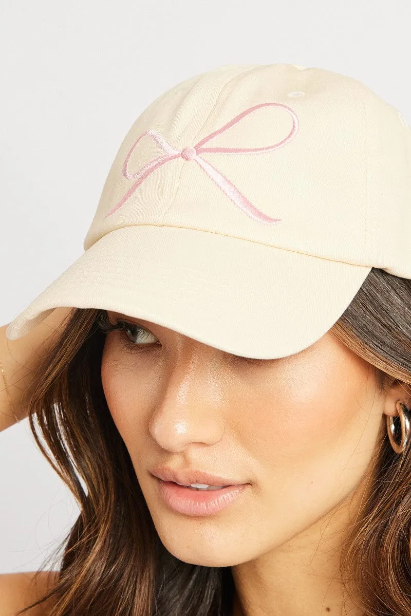 White Dad Cap with Bow Embroidery