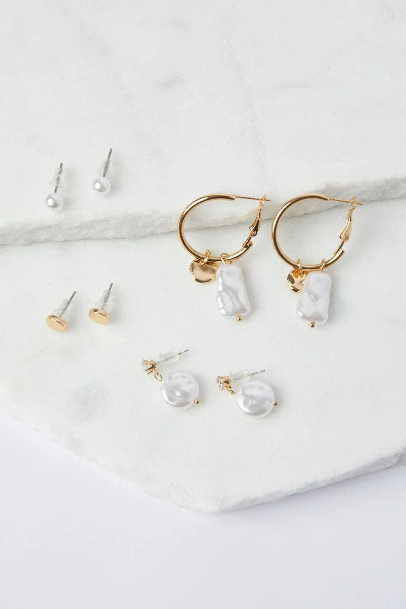White Faux Pearl Earrings Set
