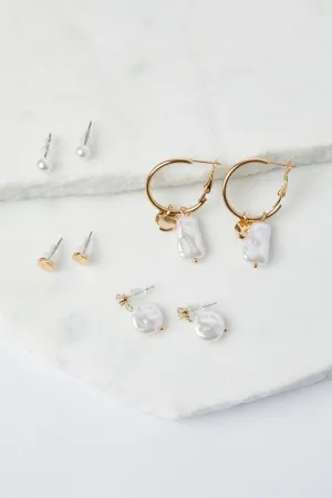 White Faux Pearl Earrings Set