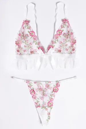 White Flower Embroidery Lingerie Set