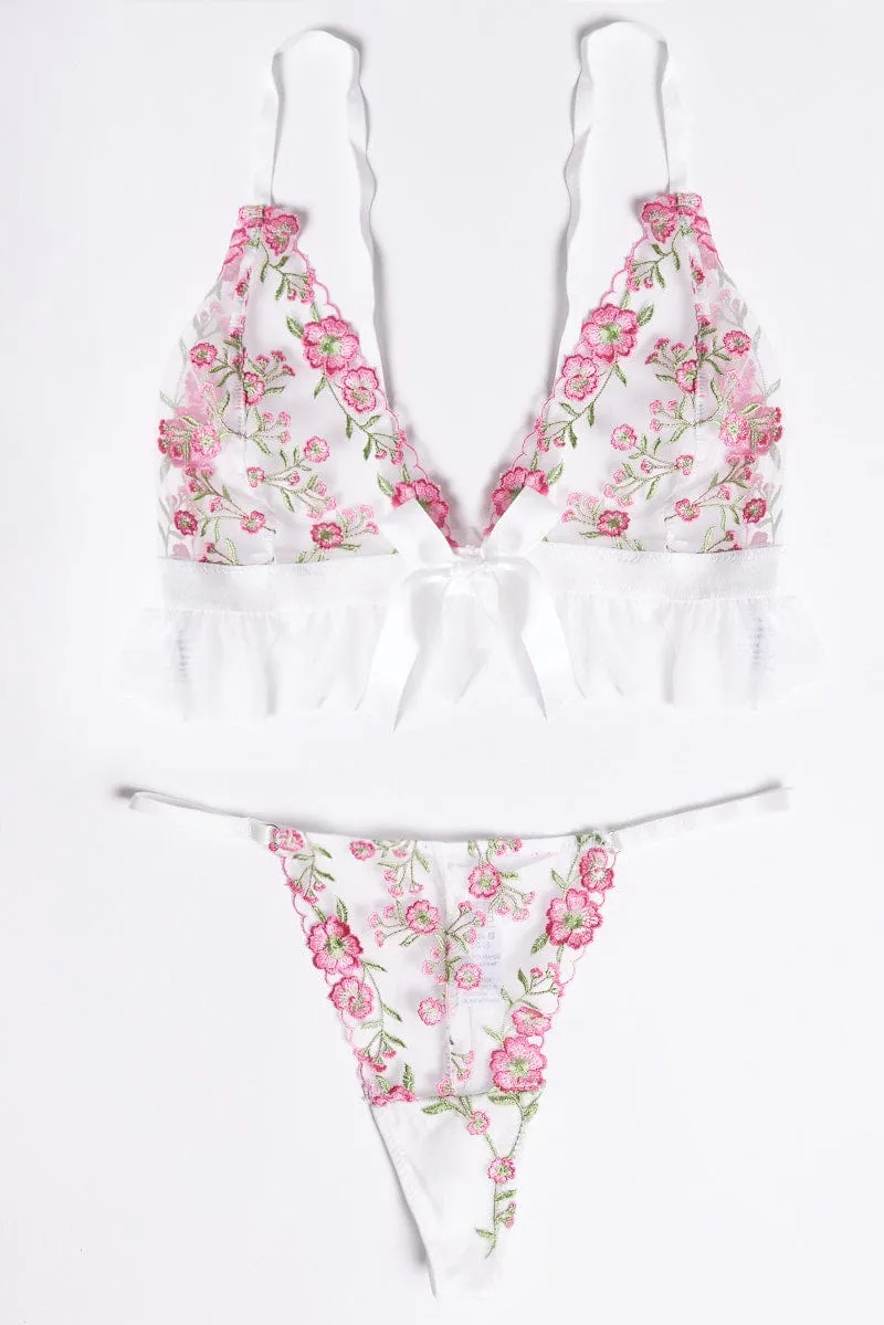 White Flower Embroidery Lingerie Set