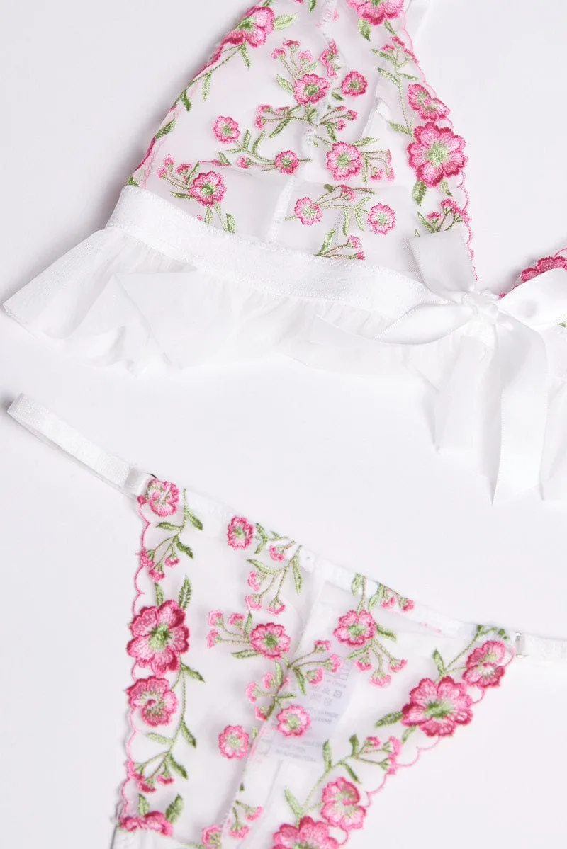 White Flower Embroidery Lingerie Set