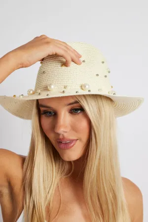 White Straw Hat With Pearls